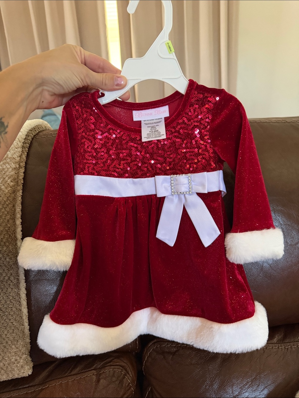 Bonnie Jean Red Sequin Velvet Holiday Dress with White Bow Trim
